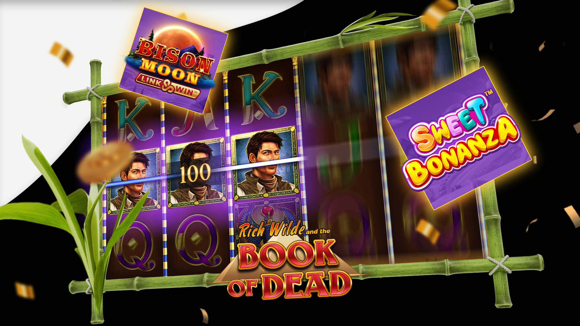 Game display featuring Bison Moon, Sweet Bonanza, and Rich Wilde and the Book of Dead slot games.