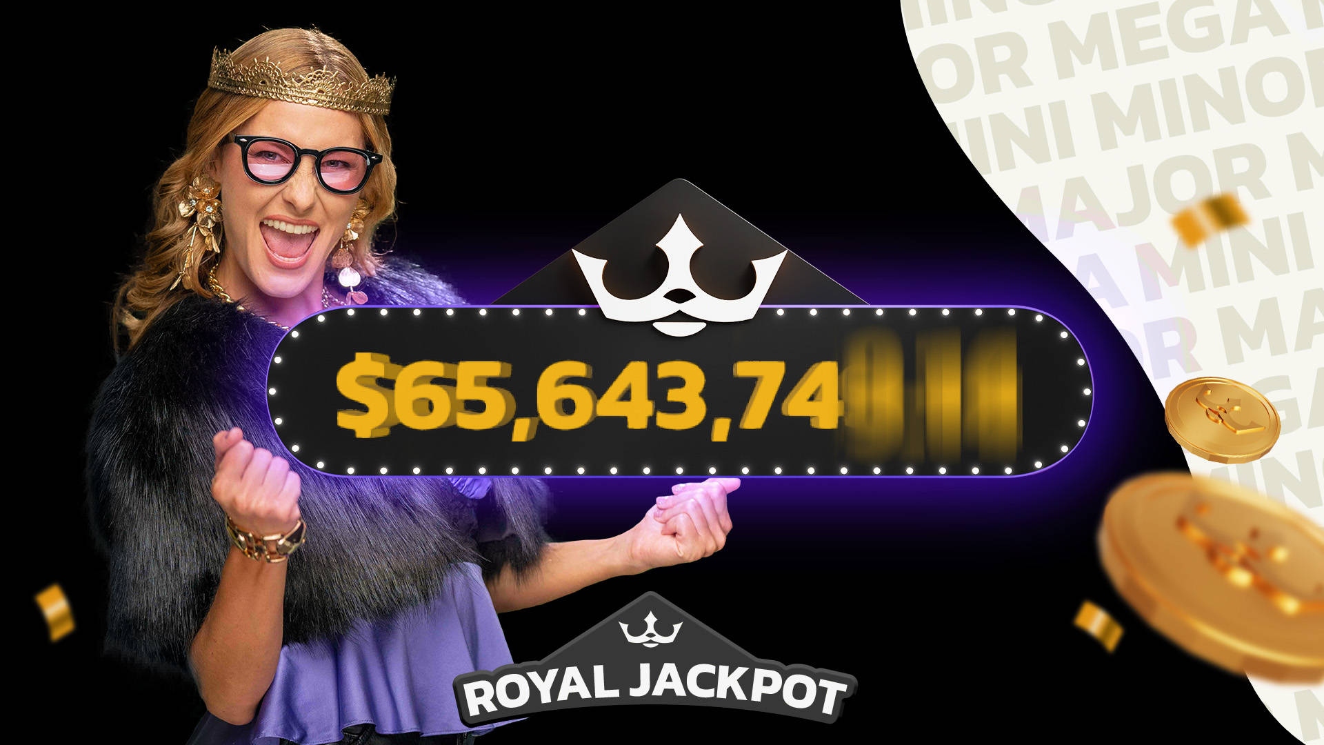 Royal Jackpot promotion featuring gold coins and the words Mini, Minor, Major, and Mega.